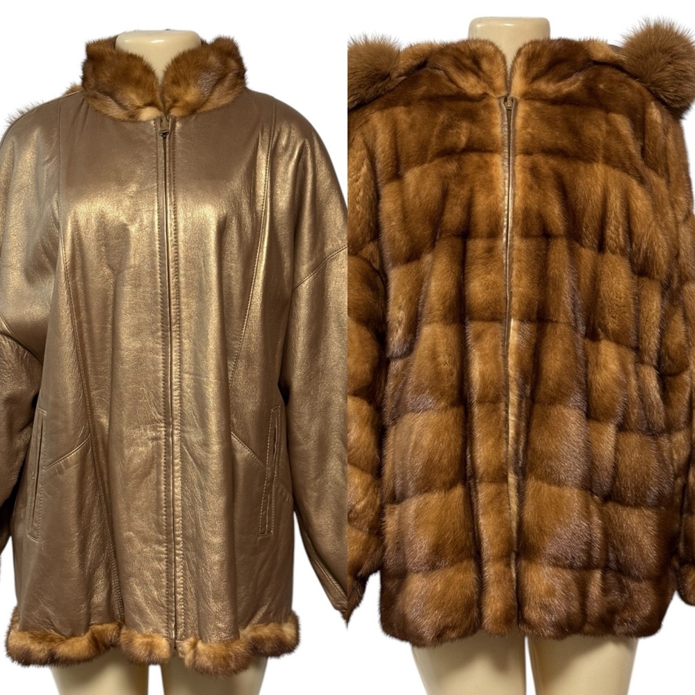 Unbranded Metallic Bronze Leather Reversible to Whiskey Mink Bomber Jacket